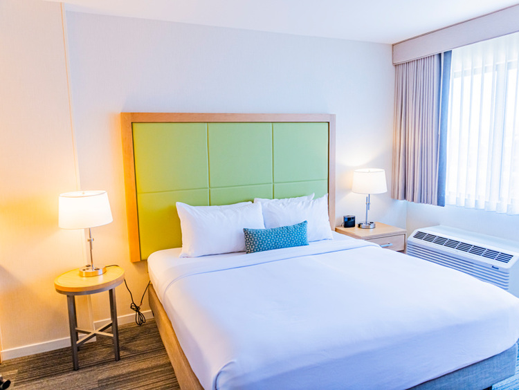 King bed in spacious hotel room in Boston, MA